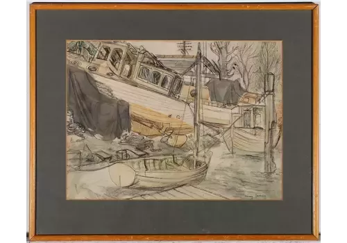 Hilary Fathers   Framed 20th Century Mixed Media, The Boat Yard