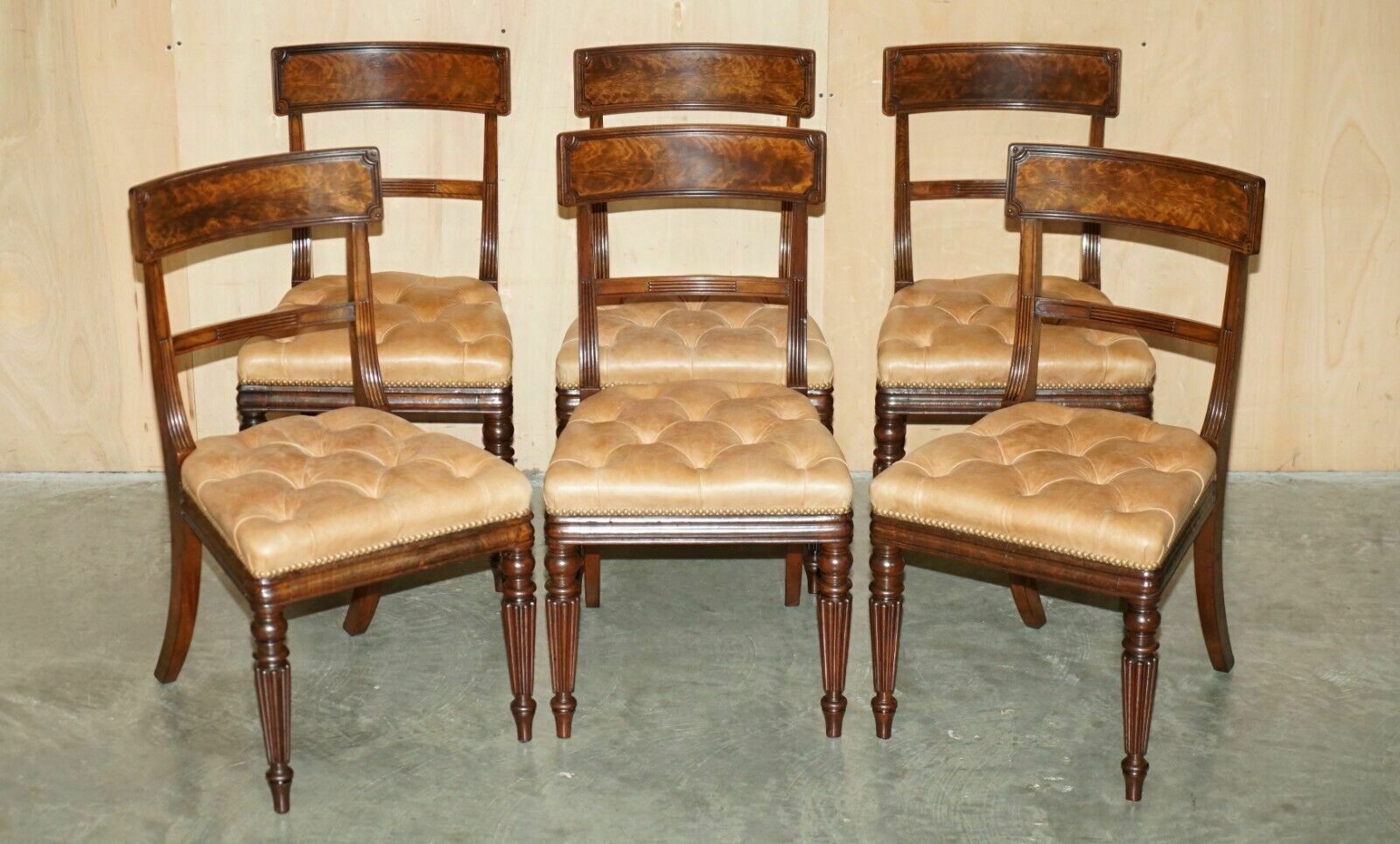 Six Fine Antique Regency 1820 Brown Leather Mahogany Chesterfield Dining Chairs
