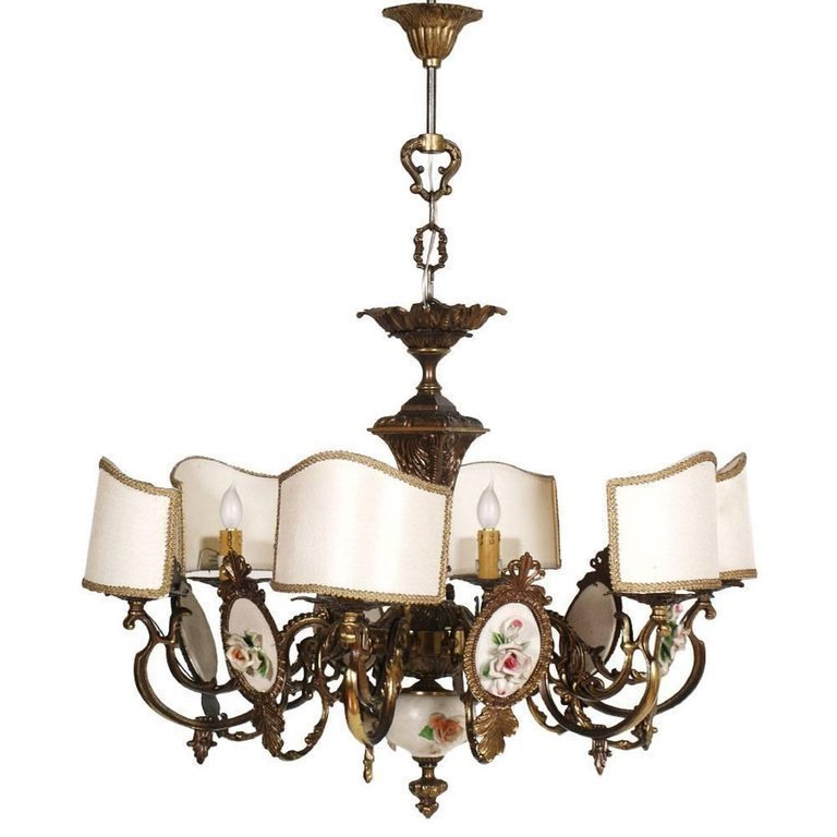 Art Nouveau Italy Six Lights Chandelier In Burnished Br And Bano Ceramic Art Nouveau Italy Six Lights Chandelier In Burnished Br And Bano Ceramic