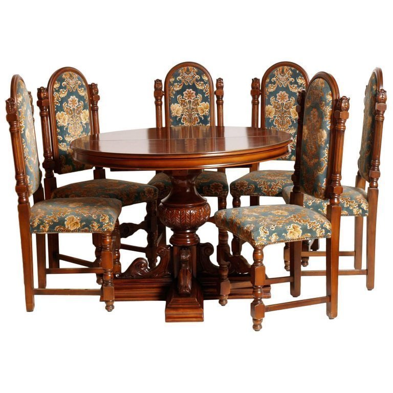 1920s Italian Renaissance Dining Room Set Carved Walnut Red Wax Polished