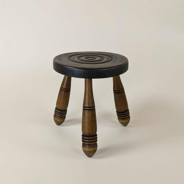 Vintage French Three Leg Brutalist Brown Pine Wood Stool, Mid Century