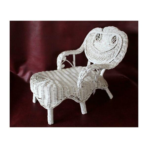Vintage French Miniature White Wicker Chair, Lounge Chair, Bamboo Weave