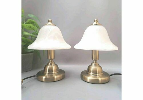 Vintage Pair Of Brass Glass Swirl Pattern Mushroom Bell Lamps