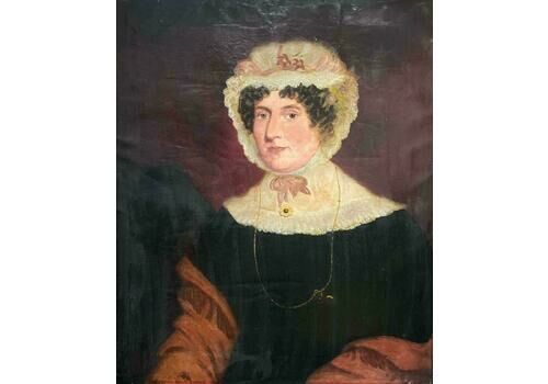 Victorian Englishmid 19th Century English Oil Painting Portrait Of A Lady In Lace Bonnet