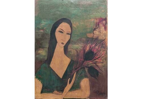 French Schoolmodernist French Portrait Of A Woman Holding Flowers Expressive Oil Painting