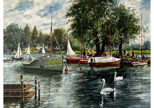 Norman A Olleyswan And Boat Landscape By The Thames At Hampton Middlesex