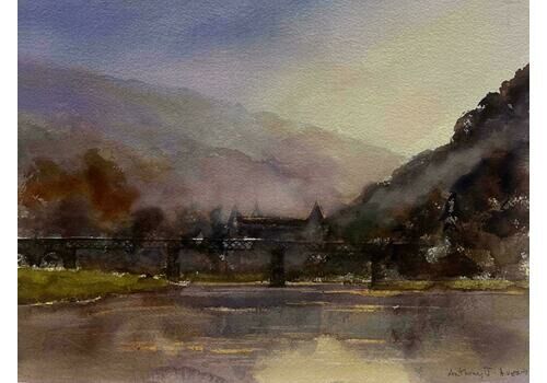Anthony Averybritish Original Impressionist Watercolor Atmospheric River Landscape Old Bridge