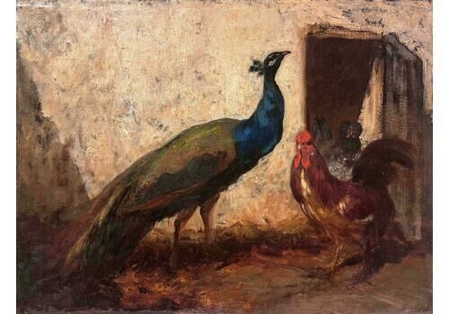 French Schoolfine 19th Century French Oil Painting Peacock & Cockerill Chickens In Yard