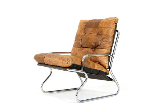Retro Vintage Ikea Leather Chrome Sling Lounge Chair Armchair Danish 60s 1970s