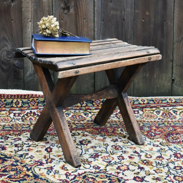 Antique Vintage Tambour Style Wooden Slatted Small Stool Cross Leg