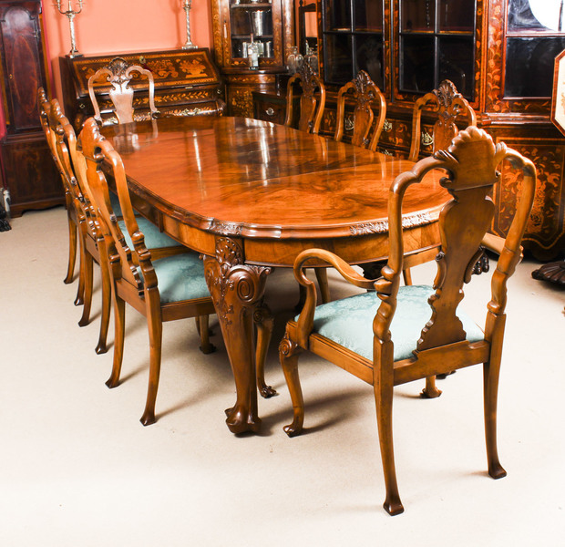 Antique Edwardian Queen Anne Revival Dining Table 8 Chairs C 1900