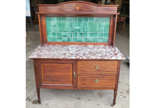 Antique Edwardian Marble Top Inlaid Wash Stand Tiled Drawers Sideboard
