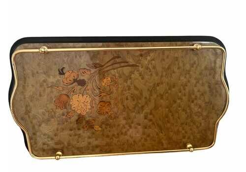 Vintage Italian Inlaid Wood Marquetry Dresser Vanity Tray Brass Handled