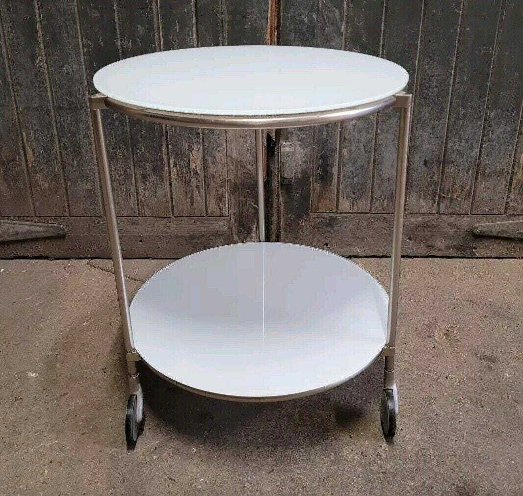 Vintage Ikea Strind White Glass & Metal Rolling Side Table | Vinterior