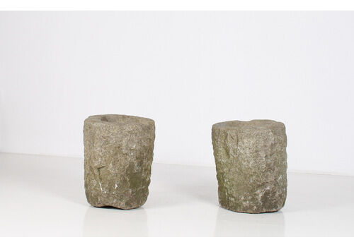 An Exceptional Pair Of 19th Century Primitive Carved Stone Wabi Sabi Planters