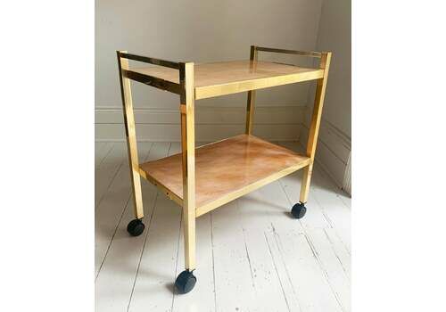 Vintage 1970s Kaymet Gold Drinks Trolley / Bar Cart With Marble Effect Shelves