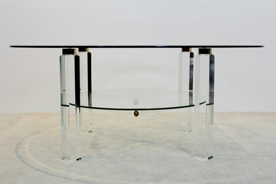 Belgian Lucite, Brass & Glass Coffee Table, 1970s | Vinterior