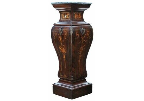 Antique Large 19th Century Neoclassical Jardiniere Statue Stand – Marquetry Pedestal Table With Ormolu Mounts And Marble Top