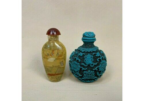 Antique Asian Oriental Snuff Glass Bottle Hand Painted Inside Chinese Perfume Vintage Wooden Stand Wood Ornate Decorative Patterned