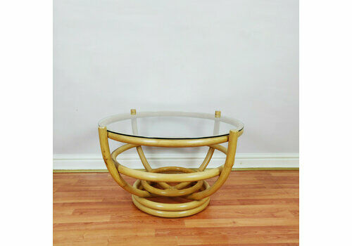 Original Angraves Vintage Bamboo Round Coffee Table, Boho Tiki Cane Glass Top Coffee Table 1970s