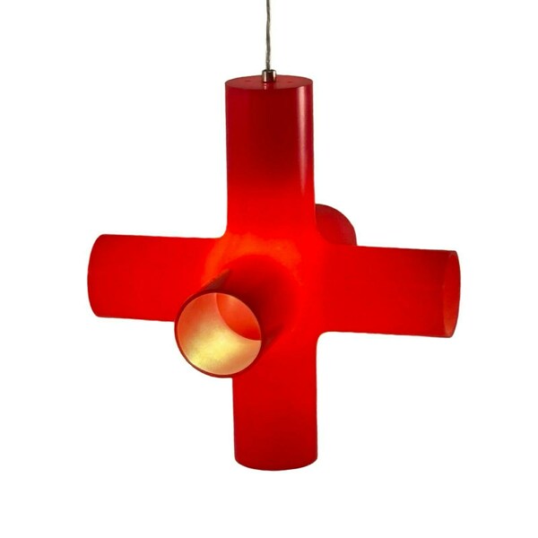 Jan Melis & Ben Oostrum For Dark   Hanging Pendant Lamp   Model 'Crosslight'   Early 2000's, Dutch Design   Red, Translucent Plastic photo Lighting