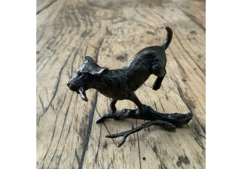 Small Bronze Sculpture Of Dog With Stick By  Michael Simpson