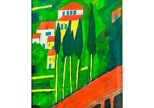 French Schoolmodern French Colorist Signed Painting Provence Landscape With Trees & Houses