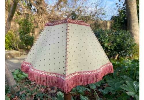 Vintage 1920s Cream Mica Or Celluloid Table Lamp Shade With Gold Polka Dots, Pink Thread, And Fringe – Unusual Shape With Curved Sides