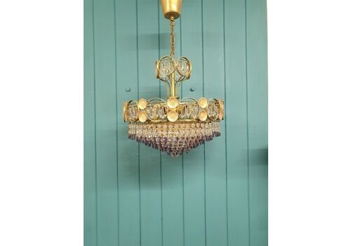 Mid 20th Century Brass And Glass Chandelier With Purple Drips