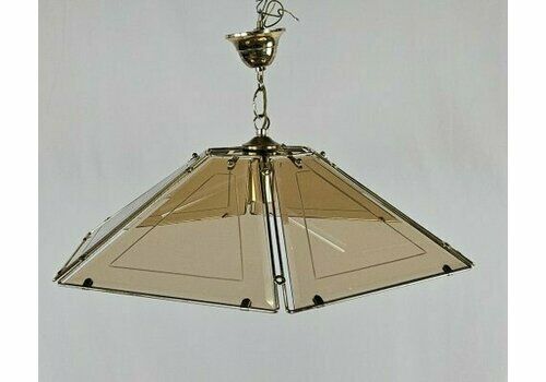 Hexagonal Hanging Light In Brass And Smoke Glass, 1970s