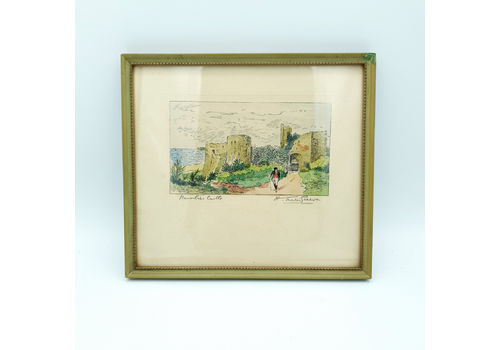Manorbier Castle Etching Hand Coloured Antique Print Historical Welsh Art Signed