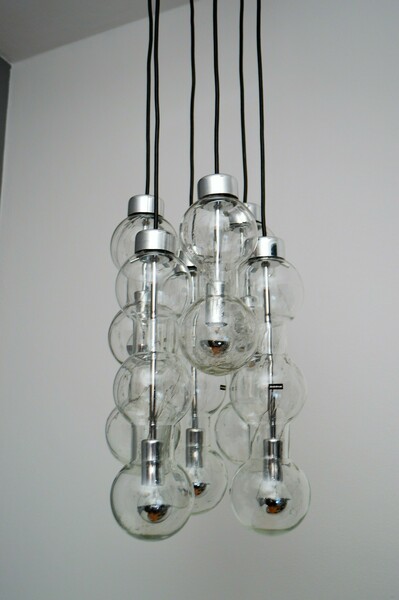 German Bubble Ice Glass And Chrome Cascade Chandelier Or Pendant Lamp By Doria, 1980 photo furniture