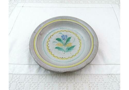 Antique French Primitive Hand Painted 1800s Large Pottery Fruit Dish With Flower Pattern, Vintage Farmhouse Country Rustic Glazed China Bowl