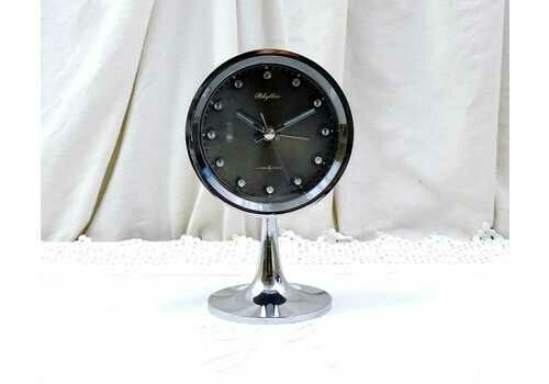 Vintage Working Mid Century Modern Tulip Base Alarm Clock 2 Jewels By Rhythm Of Japan In Bark Melamine And Chrome, Retro 1960s Time Piece