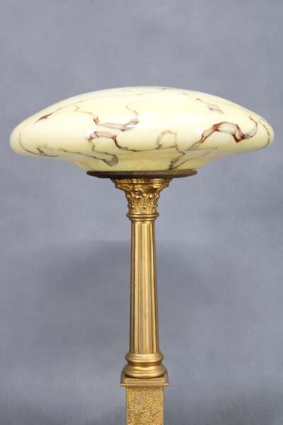 1940s Restored Brass Table Lamp With Wooden Base And Glass Shade photo furniture
