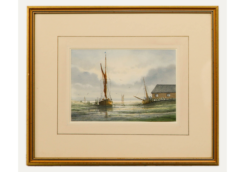 Alan Whitehead (B.1952) Contemporary Watercolour, Fishing Boats At Low Tide