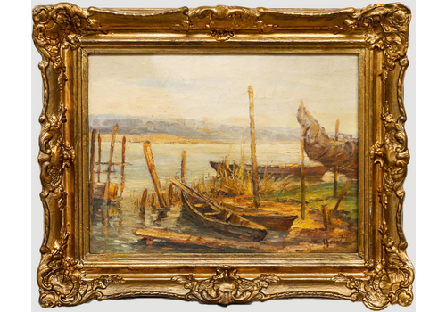 How Framed Mid 20th Century Oil, Fishing Boats On The River