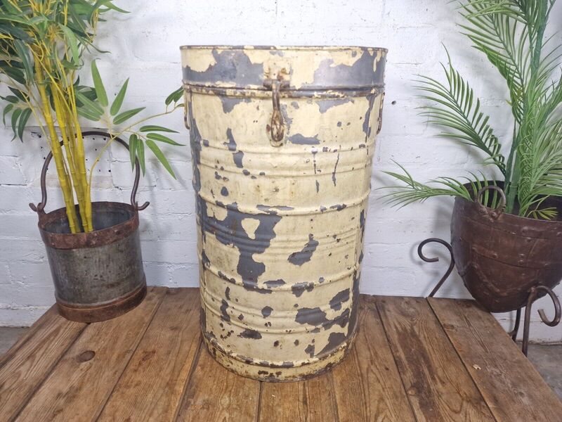 Vintage Indian Industrial Galvanised Metal Rice Grain Storage Drum Bin ...