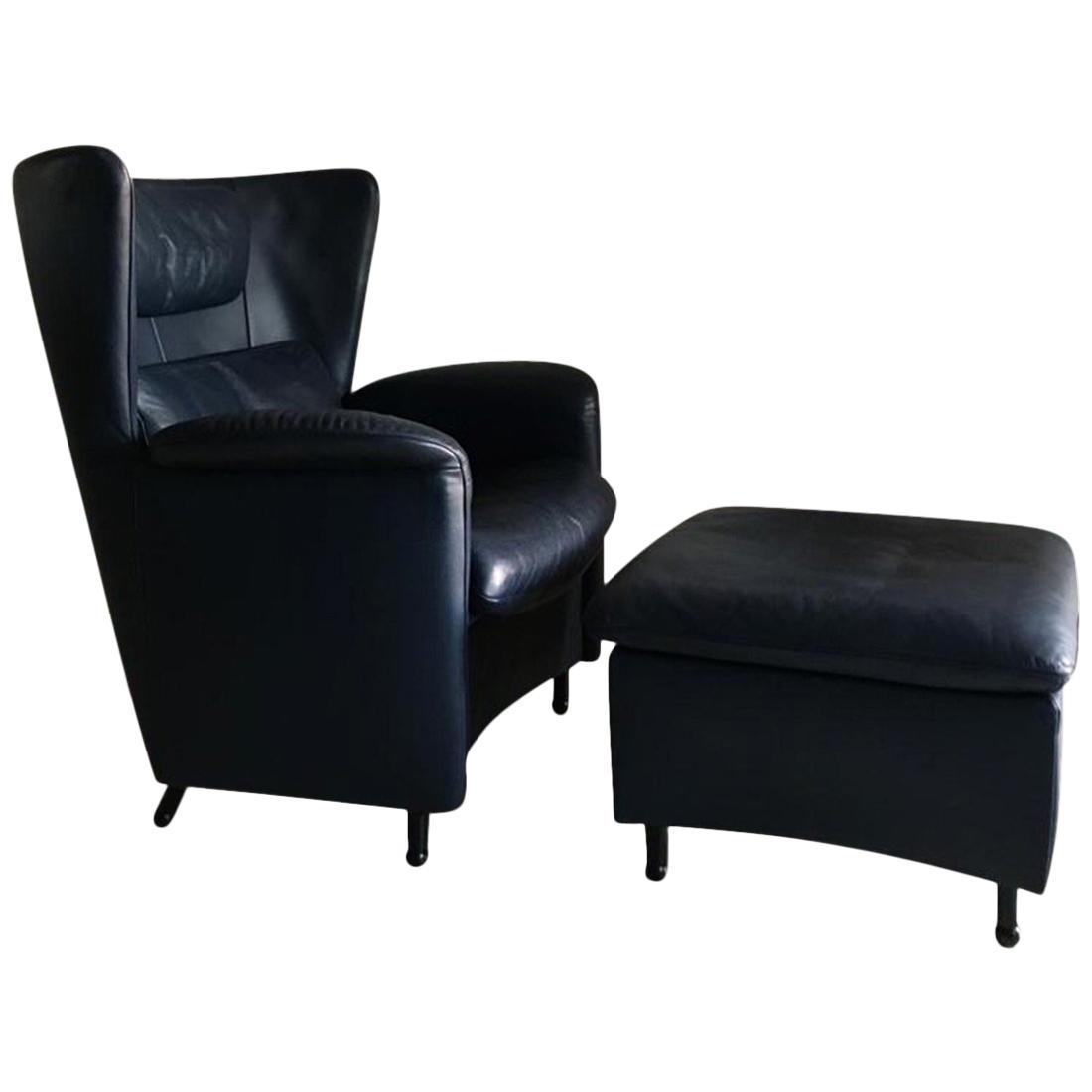 Blue Leather Lounge Chair And Footstool By De Sede Model Ds 23