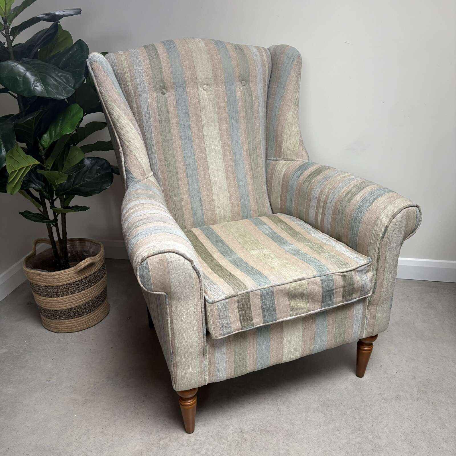 Vintage Laura Ashley Button High Back Wing Arm Chair Striped