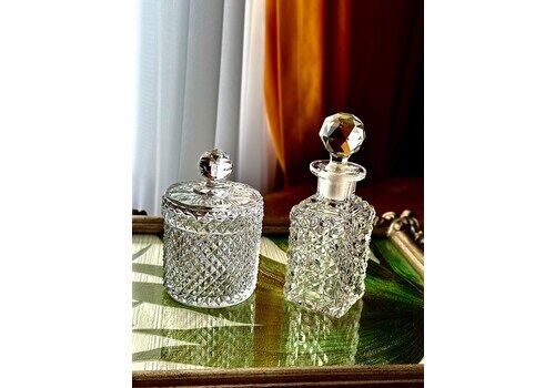 Late Victorian Diamond Cut Glass Vanity Set – Elegant Edwardian Jar & Perfume Bottle (Antique Crystal Décor)