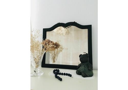 Sweet Vintage Mirror On Original Chain. Black Wooden Frame. Lip Shape.