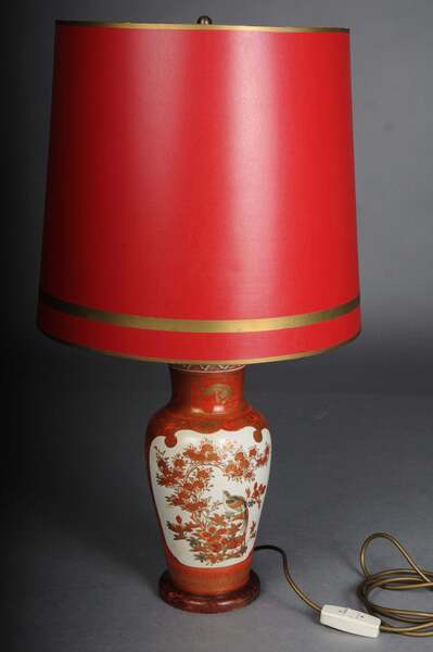 Old Asian Porcelain Table Lamp, Red With Shade, Electrified photo furniture
