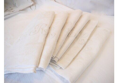 Set Of 6 French Damask Hand Stitched Napkins, Vintage Table Napkins, Monogrammed Cotton Damask Table Napkins,