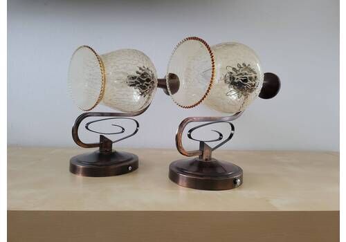 Set Of 2 Vintage Wall Lamps, Wall Sconces Pair, Bedside Lights, Copper Lamp, Glass Lamp, Mid Century Lamp, Yugoslavia 80's, Vintage Light