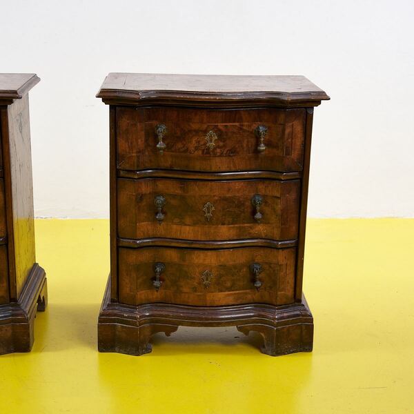 Pair Of Vecchia Cerea Bedside Tables, Early 1900s, In Walnut Wood, Slabed And Threaded, With Three Mossi Drawers photo furniture