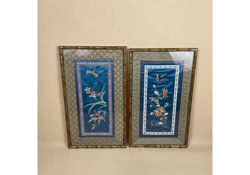 2 Oriental Chinese Embroidered Framed Vintage Picture Wood Gold Bamboo Frame Art Asian Silk Fabric Antique 45.5x26.5cm Original Artwork Bird