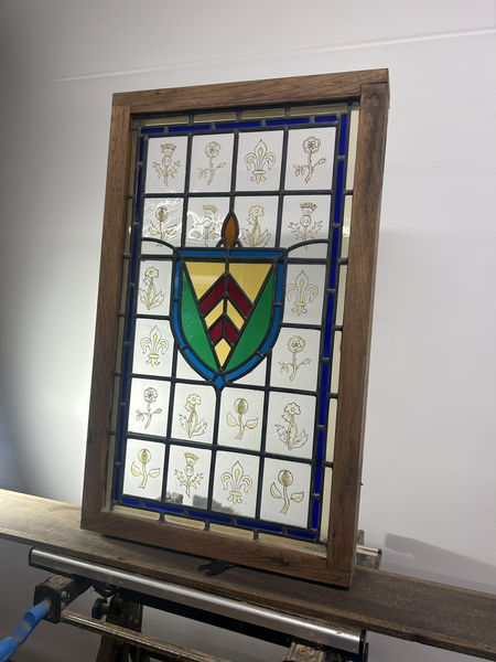 Stained Glass Window Panel Hand Painted Restored Lead Oak Frame Unique Hand Made photo furniture