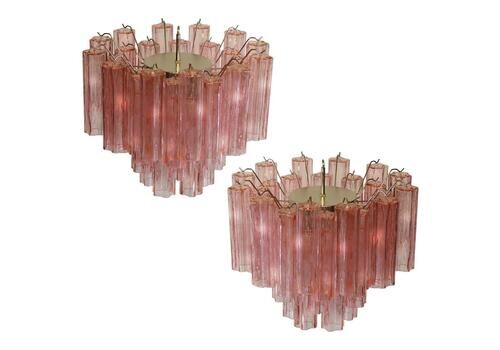 Pair Of Tronchi Chandeliers Style Toni Zuccheri, 36 Pink Glasses, Murano, 1990