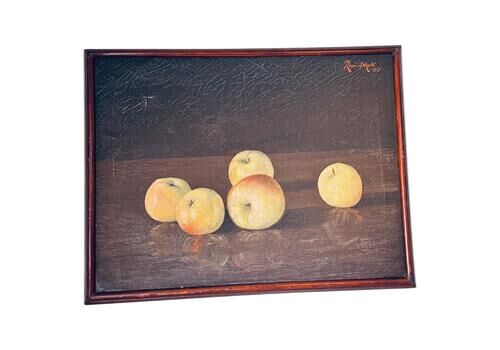 Still Life Oil On Canvas: Apples With Light And Shadow, Dark Wood Frame